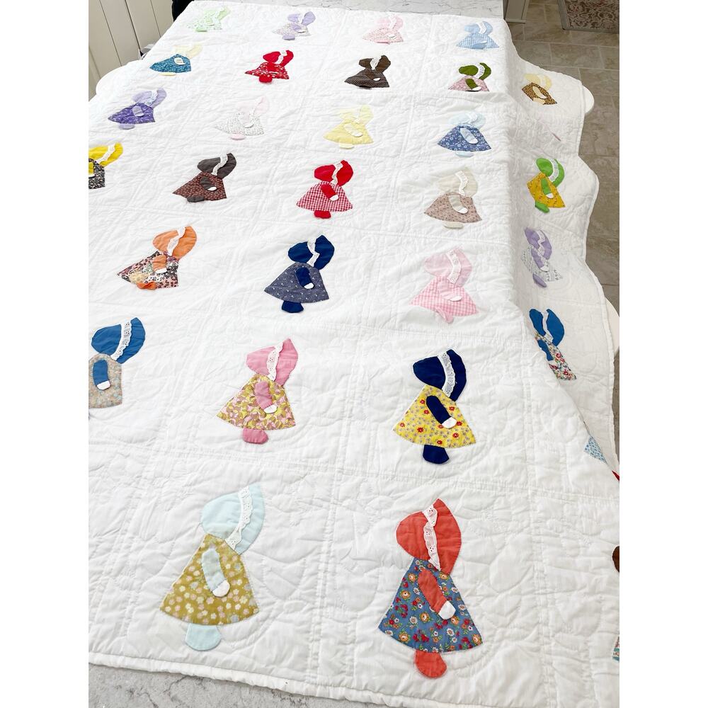 Handmade Appliqué Sunbonnet Sue Multicolor 3D Vintage 77x88” Twin - Picture 6 of 13